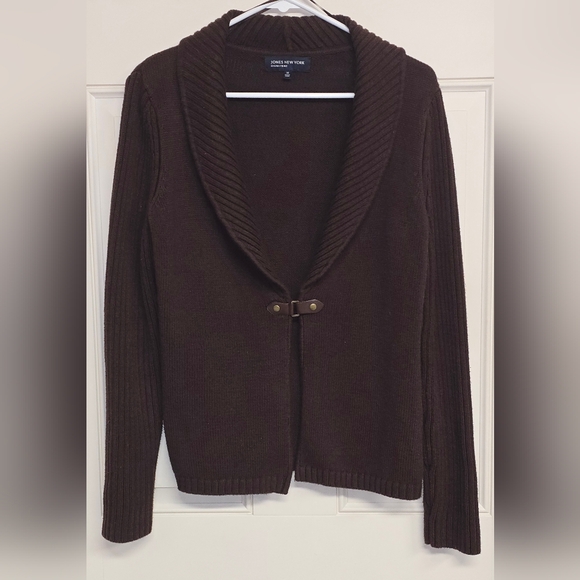 Jones of New York Signature Size Medium One Snap Closure Brown Sweater Cardigan - Picture 2 of 12